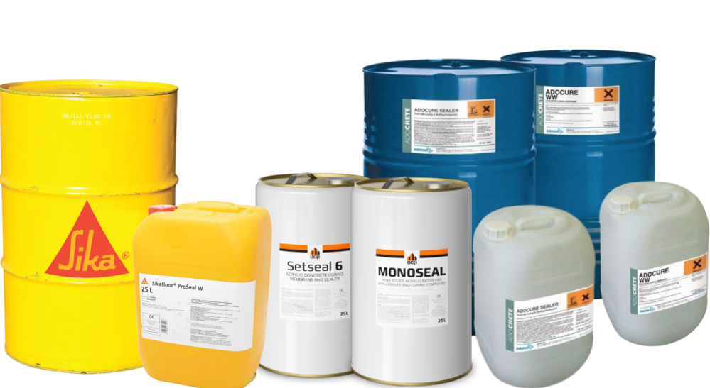 An image of a selection of curing agents purchasable from Precon Products to assist with pouring concrete in warmer weather