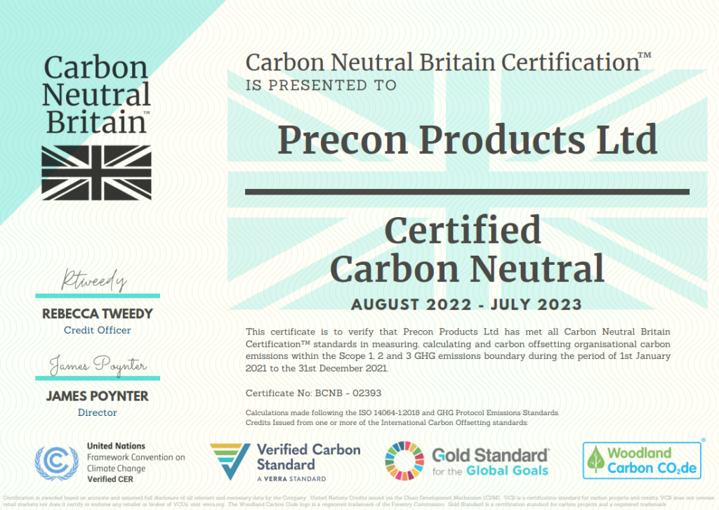 Precon Products' certificate to signify we are now a carbon Neutral Organisation